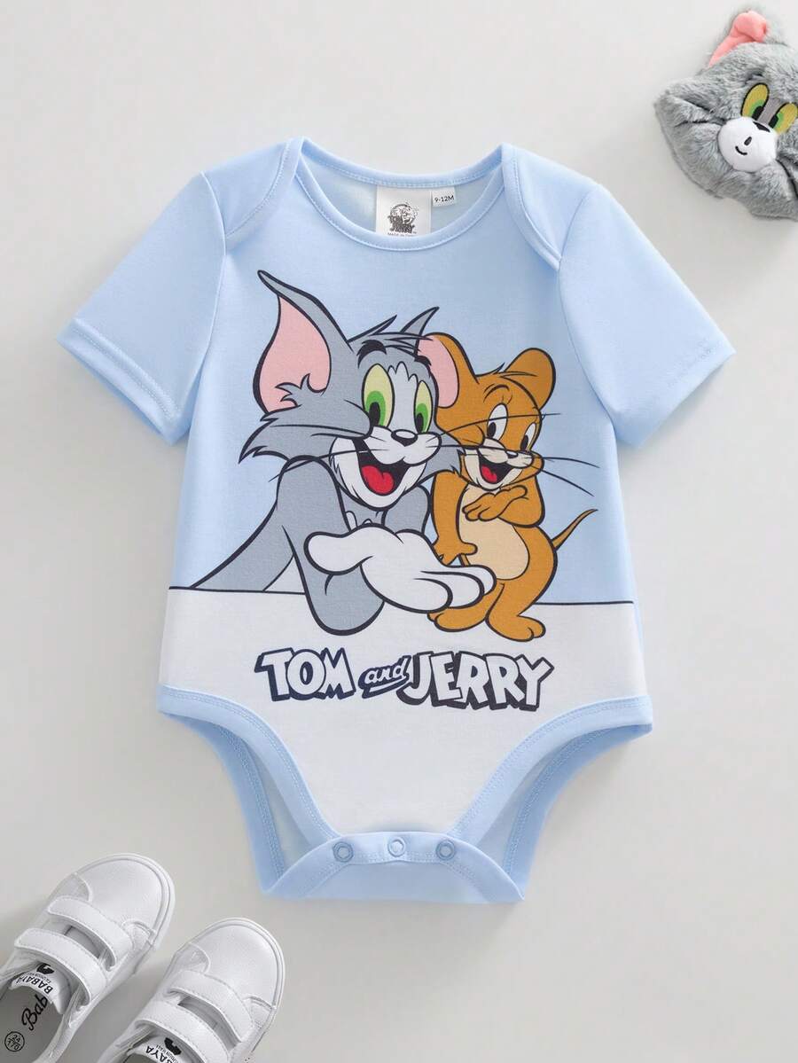 TOM & JERRY X SHEIN 女婴卡通图案圆领短袖连体衣 - 藍白色 - 查看 1
