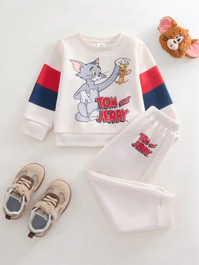 TOM & JERRY X SHEIN 2 st/set för pojkar, avslappnad stil, bekväm och mångsidig, tecknat bokstävertryck, kontrastfärgad, rund halsringning och långärmad tröja och mjukisbyxor
