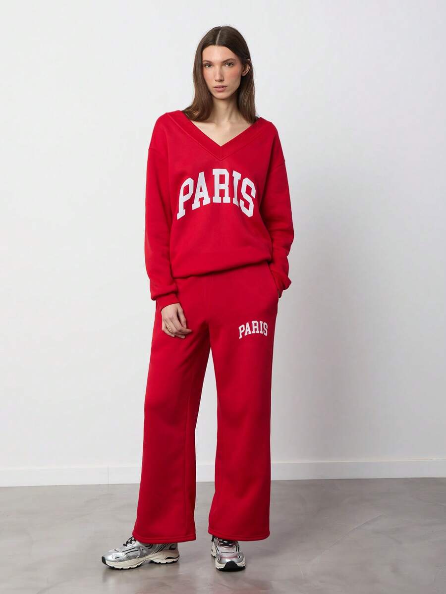 SURIMA 2pcs Red Women Oversized V-Neck Fluffy Fleece Elastic Loose Sweatshirt And Sweatpants Set, Autumn/Winter - Red - View 1