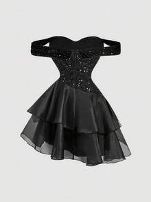 SHEIN MOD Đầm đen đính sequin trễ vai dành cho nữ với chân váy xếp tầng hai lớp bằng vải organza – Chiếc đầm lấp lánh cho Ngày Valentine, Sinh nhật, Những dịp trang trọng, Khách dự đám cưới, Du thuyền, Hẹn hò, Dã ngoại, Tiệc tùng, Dạ hội, Lễ hội và Sinh nhật. - màu đen - Xem 5