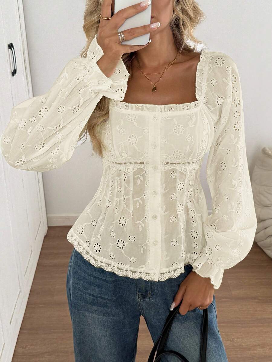 Easowa 方领、荷叶边、泡泡袖、蕾丝拼接、收腰A字衬衫、刺绣、提花面料、休闲优雅OL风女式衬衫 - 杏色 - 查看 1