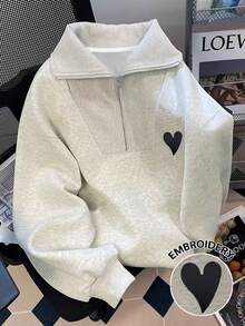 SHEIN Áo sweatshirt nữ in hình trái tim thêu, kiểu dáng thường ngày, thời trang và thanh lịch, phù hợp cho các hoạt động ngoài trời, hẹn hò, kỳ nghỉ, mùa thu/đông. - Xám - Xem 1