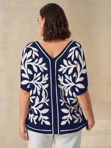 Chikora Plus Size Elegant Floral Print V-Neck Short Sleeve Shirt, Summer, Summer Tops - Navy Blue - View 2