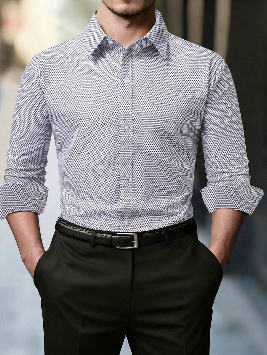 Manfinity Mode Men's Casual Commuter All-Over Print Button-Front Long Sleeve Shirt, Autumn - Multicolor - View 1