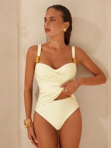 Swim Chiccia Conjunto de tankini de unicolor metálico elegante con tirantes ajustables y Bottom de cintura alta, set de 2 piezas - Beis - Ver 5