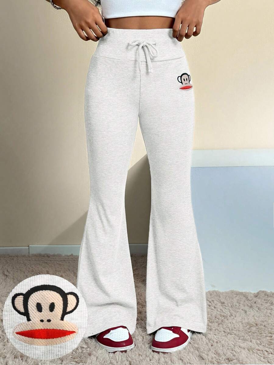 Paul Frank X SHEIN Tween Girls Summer/Spring Drawstring Waist Embroidery Cartoon Pattern Flare Leg Pants, Flared Sweatpants, Cute Sweatpants, Sweats For Girls,Girls Joggers - Light Grey - View 1