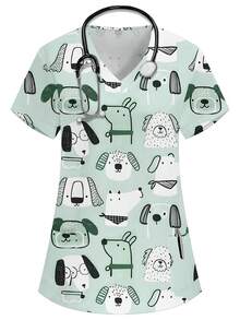 PopScrub Áo thun nữ cổ chữ V tay ngắn hai túi in hình động vật dễ thương, hình cún con hoạt hình, họa tiết hoa, đồng phục y tá/bác sĩ/đồng phục khám bệnh/đồng phục chăm sóc thú cưng/đồng phục chuyên viên dinh dưỡng/áo phòng thí nghiệm, nhiều túi, trang phục công sở tiện dụng, trang phục ngày lễ tiện dụng cho nữ, đáng yêu, thường ngày - Màu xanh lam - Xem 1