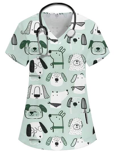 PopScrub Women's Blue V-Neck Short Sleeve Dual Pocket Cute Animal, Puppy Cartoon Print, Floral Print, Nurse/Doctor Uniform Top/ Examination Surgical Uniform/Women's Solid Color Pet Grooming Uniform Top/Nutritionist Workwear Short Sleeve/Lab Coat, Multi-Pocket Functional Workwear, Functional Women's Holiday Outfit, Adorable, Casual
