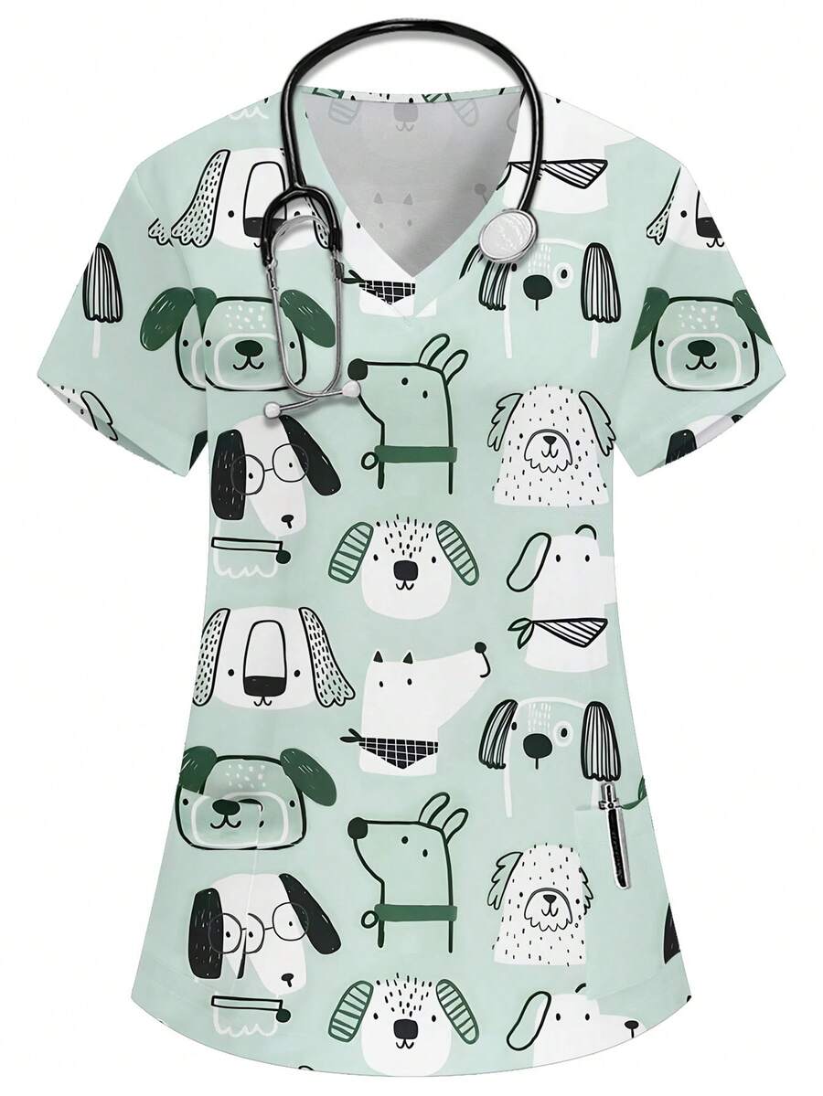 PopScrub Áo thun nữ cổ chữ V tay ngắn hai túi in hình động vật dễ thương, hình cún con hoạt hình, họa tiết hoa, đồng phục y tá/bác sĩ/đồng phục khám bệnh/đồng phục chăm sóc thú cưng/đồng phục chuyên viên dinh dưỡng/áo phòng thí nghiệm, nhiều túi, trang phục công sở tiện dụng, trang phục ngày lễ tiện dụng cho nữ, đáng yêu, thường ngày - Màu xanh lam - Xem 1