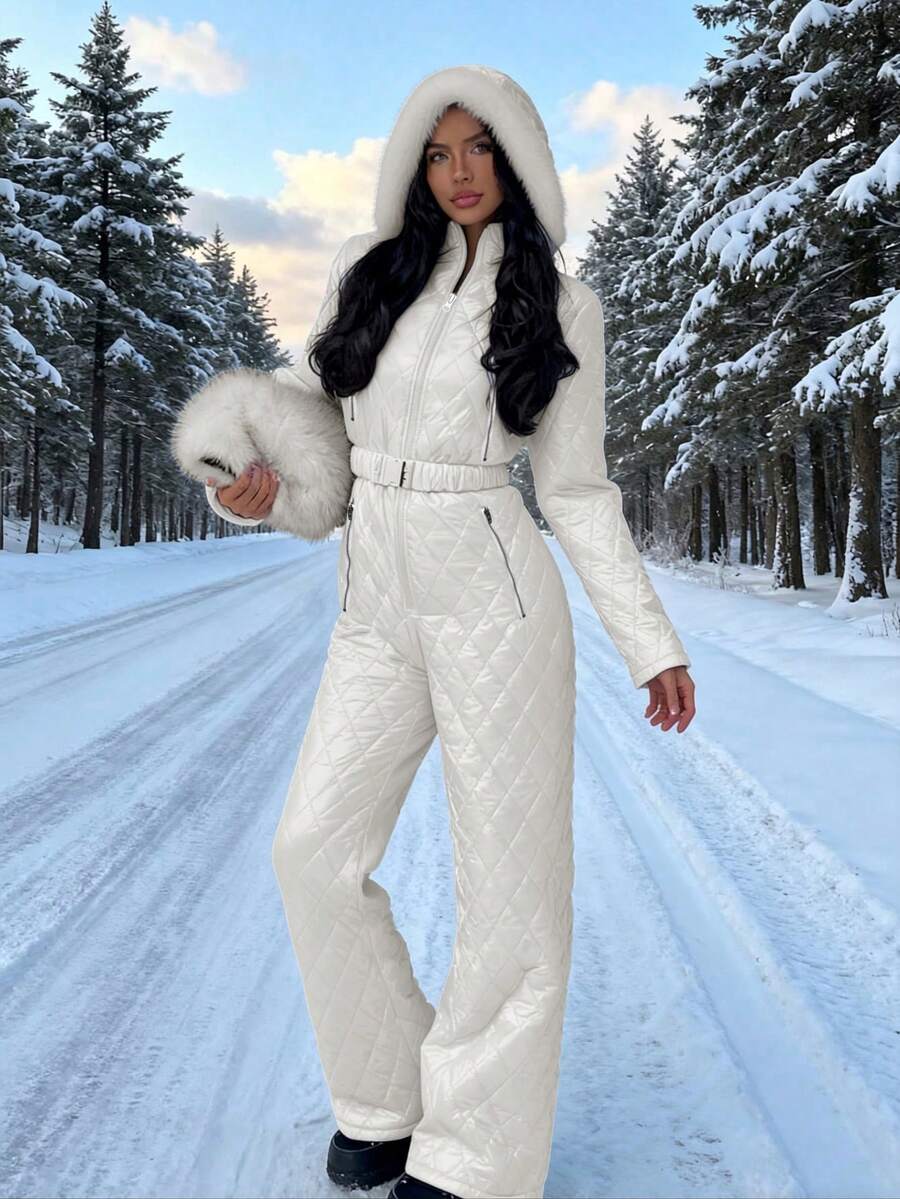 SHEIN EZwear Women's Thick Quilted Padded Coat, Suitable For Skiing, Autumn/Winter Women Jumpsuits White White Pants Set For Women Women Winter Clothes White One Piece Jumpsuit All White 2 Piece Set Women White Outfits - White - View 1