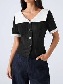 LYSMO 2026 Noutate Minimalism Primăvară/Vară pentru Femei Cu Guler Contrast Culoare Dungi Mânecă Scurtă Cu Un Singur Nasture, Serviciu/Casual de Afaceri/Birou, Top Elegant Alb-Negru Bluză Alb-Negru Topuri Preppy Topuri Business Casual Topuri Femei Topuri Office Pentru Femei - Albastru si alb - Vizualizare 3