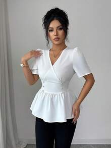 SHEIN Elenzya Women's White Waist Cinching Double-Row Pearl Button Short Sleeve Blouse - White - View 6