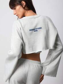 SURIMA 3pcs Women Casual Basic Grey Color Long Sleeve Cropped Top, Camisole, And Loose Pants Set - Light Grey - View 2