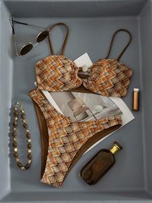 Swim Vcay Women's Beach Spring/Summer Music Festival Knitted Jacquard Brown Splicing Beaded Detachable Shoulder Strap High Cut Pants Retro Vacation Style Bikini Set - Multicolor - View 3