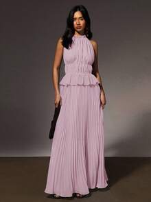 Athîral Women's Solid Color Sleeveless Hollow Out Ruffle Hem Dress - Baby Pink - View 4