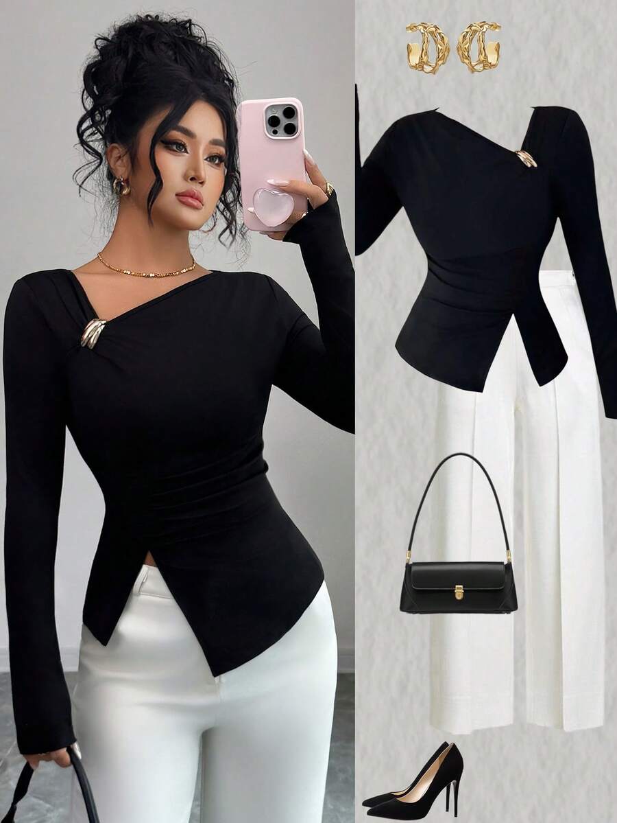 SHEIN Elenzya 大码女式纯色不对称领口金属装饰时尚褶皱T恤 - 黑色 - 查看 1