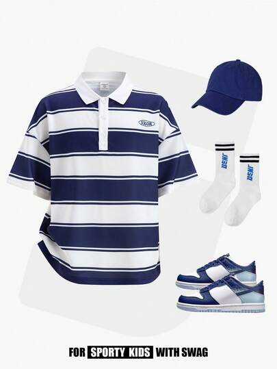 JNSQ 男童条纹印花 Polo 领短袖卫衣，适合春夏户外活动、休闲、度假、街头风格和休闲场合。