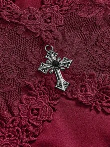 ROMWE Goth 哥特式性感V领撞色蕾丝喇叭袖衬衫，适合情人节约会 - 酒紅色 - 查看 3