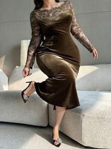 Dazy Plus Plus Size Women's Velvet Contrast Lace Bodycon Party Dress, Sexy & Stretchy For Dates - Khaki - View 1