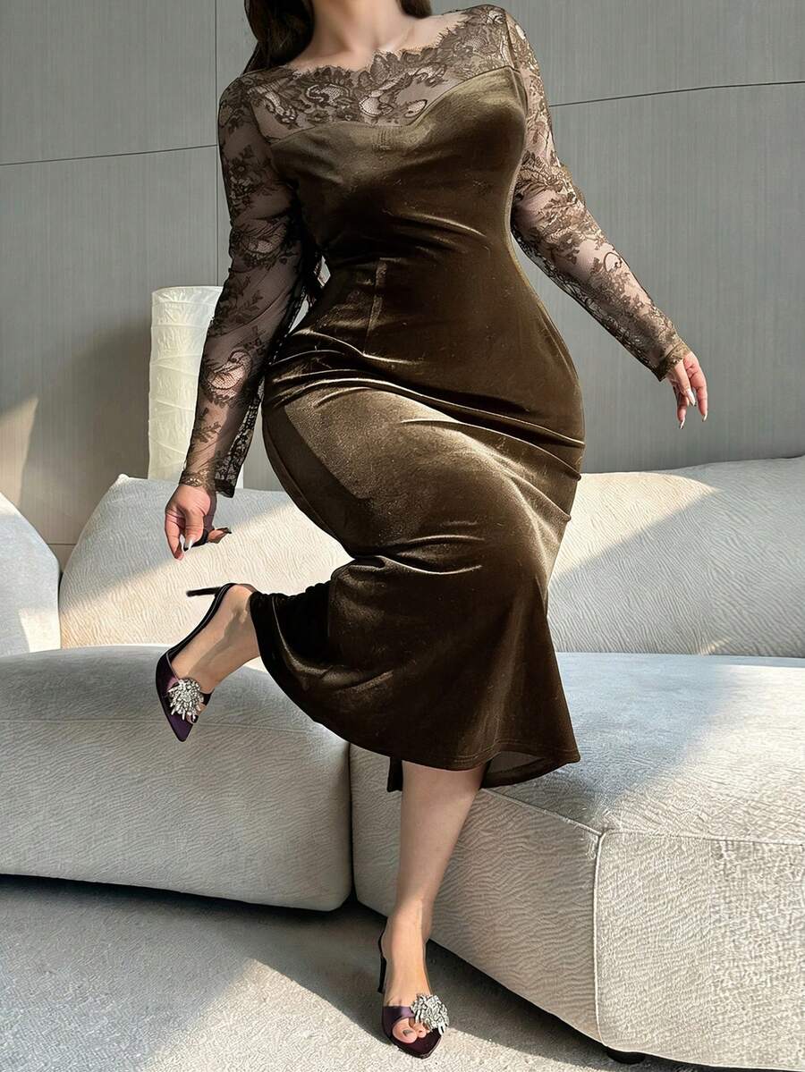 Dazy Plus Plus Size Women's Velvet Contrast Lace Bodycon Party Dress, Sexy & Stretchy For Dates - Khaki - View 1