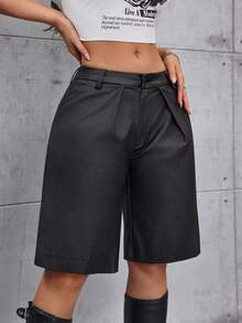 Jeanoix 女士休闲宽松弹力黑色梭织涂层百慕大短裤 - 黑色 - 查看 5