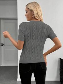 SHEIN Cottnline Blogger-Inspired Twist Rope Decor Round Neck Knit Sweater, Versatile, Autumn/Winter - Grey - View 2