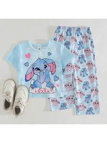 THE HAPPY LOOK 2pcs/Set Young Girl Cartoon Animal Print Knit Soft Round Neck Short Sleeve Top And Elastic Waist Pants - Multicolor - View 3