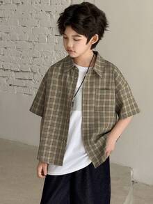 DAZY Tween Boy Casual Plaid Short Sleeve Shirt, Summer - Khaki - View 4