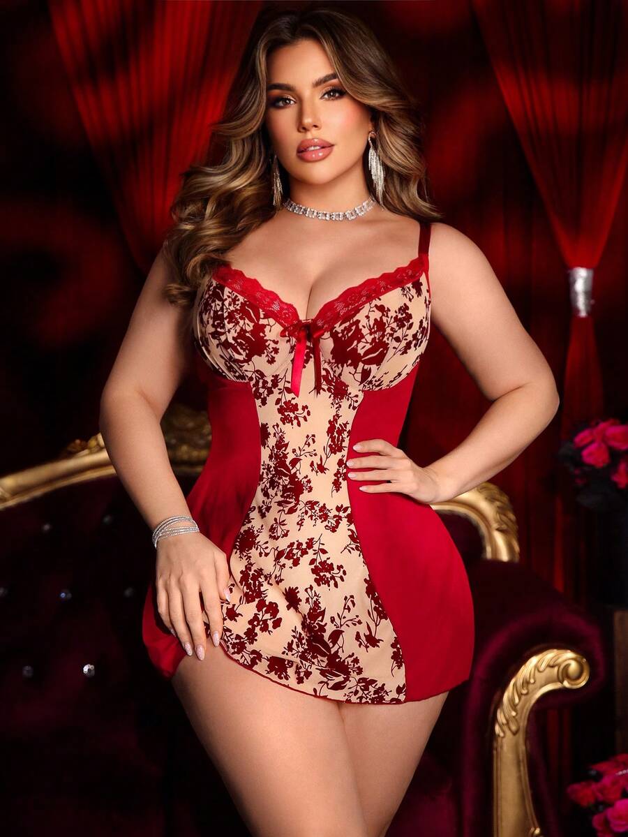 SHEIN Đồ lót gợi cảm cỡ lớn với họa tiết nhung cổ điển, phối lưới xuyên thấu, dáng chữ A hở lưng. - Màu Đỏ Sâu - Xem 1