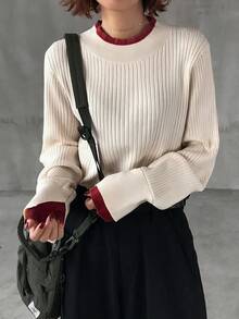 FRIFUL 女士撞色高领落肩长袖宽松休闲套头毛衣，秋季百搭 - 米色 - 查看 4