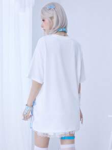 ROMWE Spring/Summer Anime Cartoon Logo Slogan Yandere Girl Basic Loose Fit Round Neck Short Sleeve T-Shirt - Blue - View 3