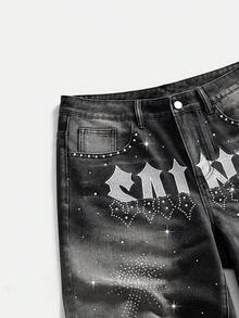ROMWE MEN Street Life Men's Fashion Rhinestone Embroidered Denim Shorts, Versatile For Summer - Black - View 7