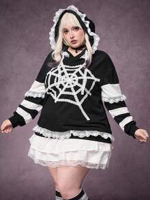 ROMWE Plus Size Women Gothic Lace Spider Web Patchwork Sweatshirt, Autumn/Winter Plus Size Hooded Pullover - Black - View 1