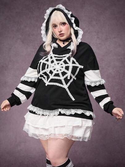 Goth Felpa con cappuccio oversize da donna in stile gotico, con inserti in pizzo e ragnatela, adatta per l'autunno/inverno, pullover con cappuccio taglie forti