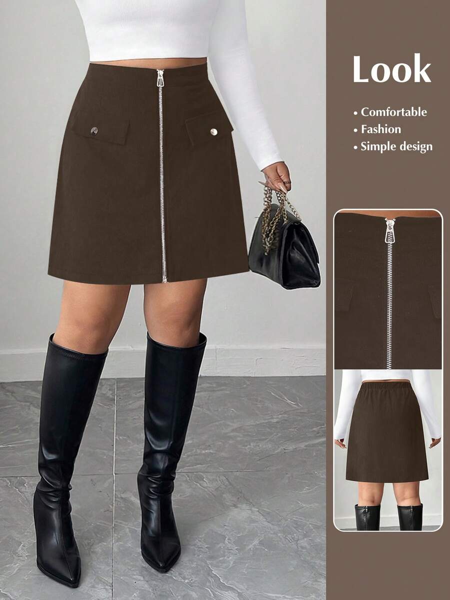 SHEIN Tall CURVE Falda A-Line minimalista con cremallera de unicolor talla grande - Café integral - Ver 1