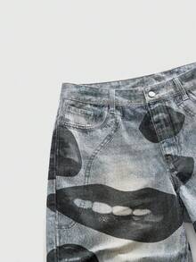 ROMWE MEN Street Life Men's Pocket & Lip Print Digital Casual Denim Shorts - Multicolor - View 3