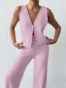 EURMUSE 2pcs Knitted Solid V-Neck Button Front Vest And Pants Sweater Set - Pink - View 5