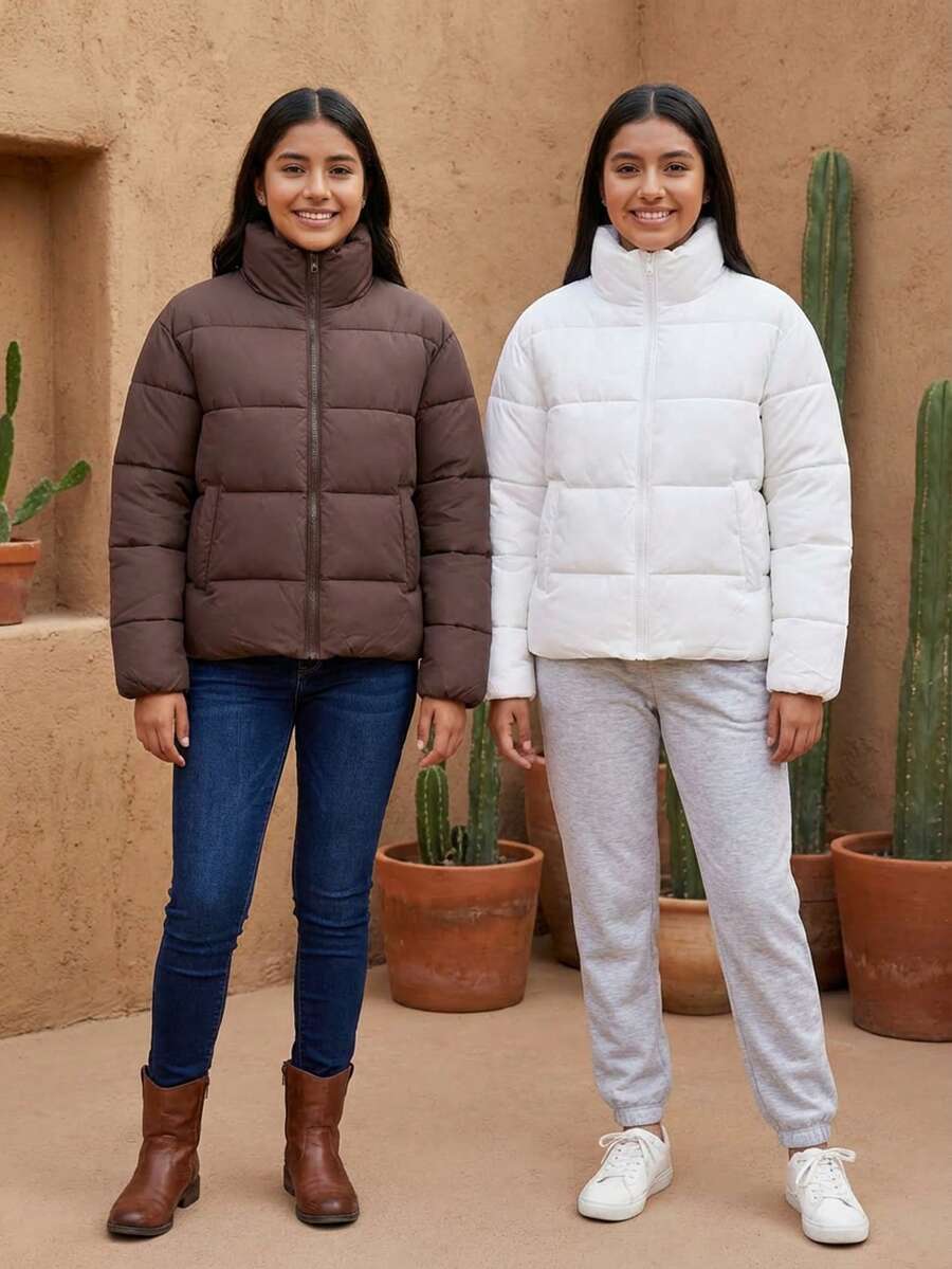 Mujer chaqueta casual acolchada diseño color sólido tela térmica ligera holgada cuello alto manga larga invierno uso diario exterior - Multicolor - Ver 1