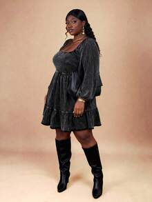 CurvyTilda 加大码女式水洗面料黑色腰部褶皱喇叭下摆休闲连衣裙，系带设计，百搭