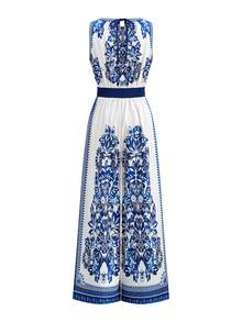 Ellevyn Women's Fashionable & Elegant Printed Sleeveless Loose Jumpsuit Blue And White Jumpsuit Elegant Jumpsuit Summer Jumpsuit Vacation Outfit Wide-Leg Jumpsuit - Blue and White - View 2