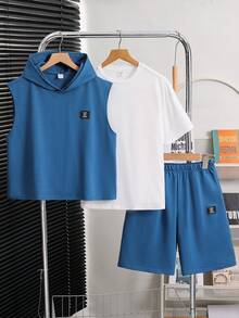 SHEIN Little Byeori 韩版男童休闲拼接连帽背心、纯色短裤、宽松圆领短袖T恤三件套 - 霧霾藍 - 查看 8