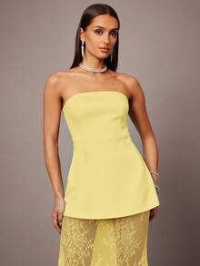 Silquee 2pcs/Set Black Cropped Bustier Top And Lace Hem A-Line Skirt, Suitable For Dates, Graduations, Concerts, Bridesmaid Skirt, Weddings, Romantic Occasions, Minimalist Style, Elegant Outfit For Daily Wear - Yellow - View 4