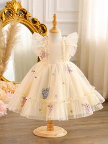 SHEIN Glamorique Kids Đầm công chúa thêu cho bé gái, tay ngắn, eo ôm, kiểu dáng trang trọng, phù hợp mọi mùa. - Màu be - Xem 2