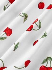 SHEIN MOD 女士露背吊带樱桃印花褶皱腰身优雅迷你派对连衣裙 - 紅白色 - 查看 4