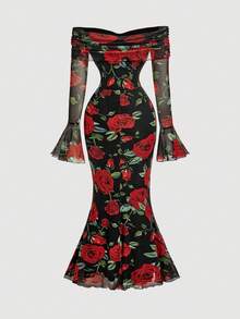 SHEIN MOD 露肩复古黑色连衣裙，饰以玫瑰花卉印花和鱼尾裙摆——节日盛装、公主风、正式礼服、派对礼服；完美适用于度假、约会、野餐、派对、舞会、节日和生日；浪漫复古宫廷风 - 彩色 - 查看 6