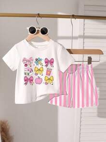 2pcs Baby Girls Cute Printed Sweet Round Neck Short Sleeve T-Shirt And Shorts Set, Suitable For Parties And Gatherings. Adorable Striped Printed Shorts Design, Charming Bow & Pencil Graphic Round Neck T-Shirt. Lightweight And Comfortable For Spring/Summer, Ideal For Casual Outings, Street Style, Back To School, Picnics, Photography, Festivals, And Gifts. - Multicolor - View 3
