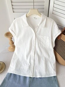 SHEIN 少女休闲翻领插肩短袖纯色衬衫 - 白色 - 查看 5