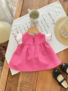 SHEIN LMoss Kids 可爱蝴蝶结短袖上衣，夏季百搭，洋红色 - 玫紅色 - 查看 8