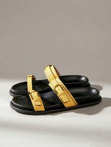 Solecia Women's Fashion Black Comfortable Flat Beach Sandals - Yellow - View 2