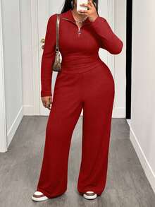 Slaydiva 秋冬新款休闲日常家居运动修身纯色咖啡棕色衬衫领半拉链腰部单褶常规T恤搭配宽松阔腿口袋裤，针织纹理面料女款加大码两件套 - 紅色 - 查看 6